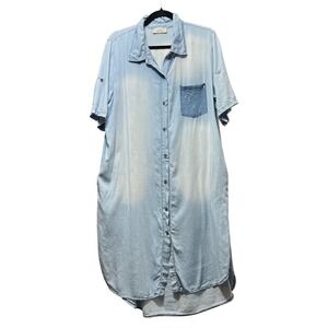 In Italy Chambray Denim Shirt‎ Dress Pockets Button Down Short Sleeve Light Wash